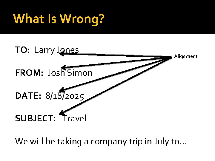 What Is Wrong? TO: Larry Jones Alignment FROM: Josh Simon DATE: 8/18/2025 SUBJECT: Travel
