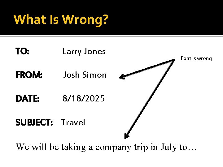 What Is Wrong? TO: Larry Jones FROM: Josh Simon DATE: 8/18/2025 Font is wrong