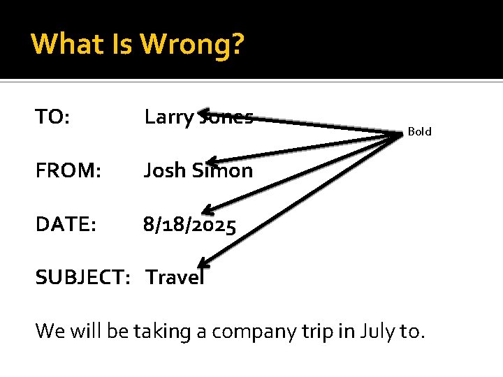 What Is Wrong? TO: Larry Jones FROM: Josh Simon DATE: 8/18/2025 Bold SUBJECT: Travel