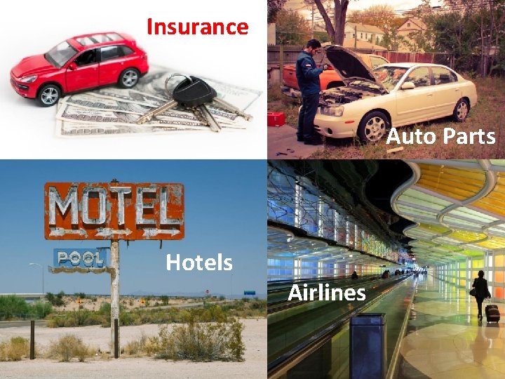 Insurance Auto Parts Hotels Airlines 