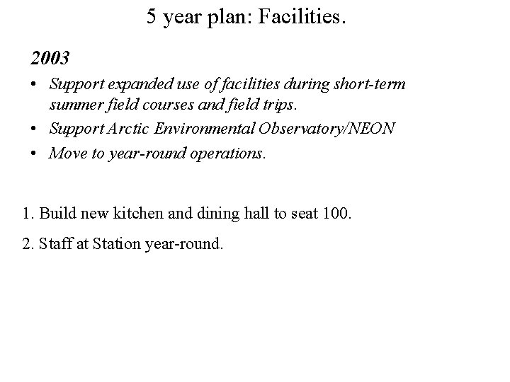 5 year plan: Facilities. 2003 • Support expanded use of facilities during short-term summer