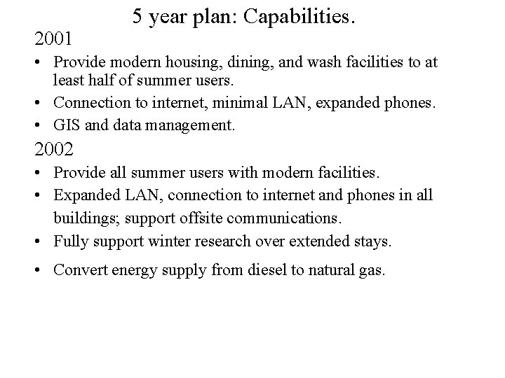 2001 5 year plan: Capabilities. • Provide modern housing, dining, and wash facilities to