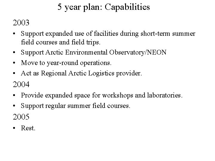 5 year plan: Capabilities 2003 • Support expanded use of facilities during short-term summer