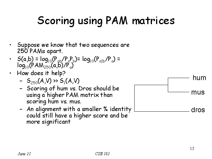 Scoring using PAM matrices • Suppose we know that two sequences are 250 PAMs