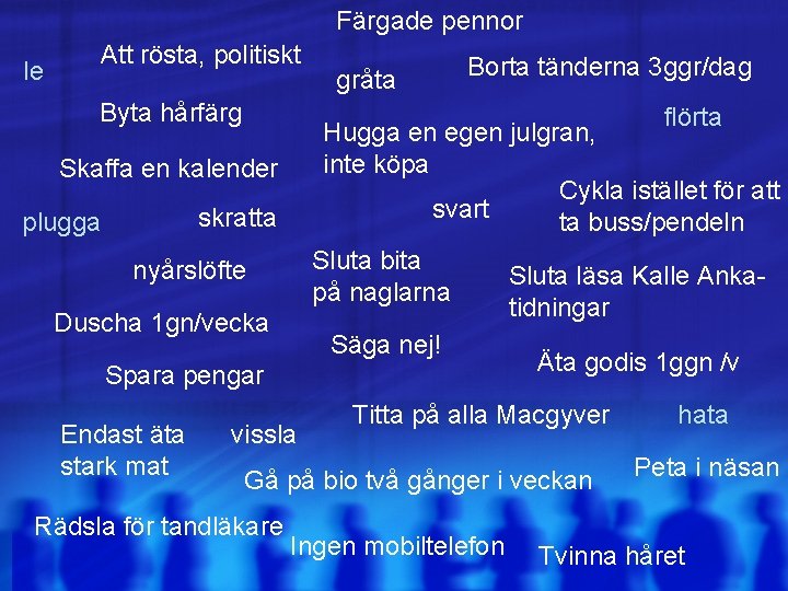 Färgade pennor le Att rösta, politiskt Byta hårfärg Hugga en egen julgran, inte köpa