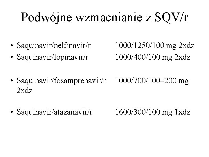 Podwójne wzmacnianie z SQV/r • Saquinavir/nelfinavir/r • Saquinavir/lopinavir/r 1000/1250/100 mg 2 xdz 1000/400/100 mg