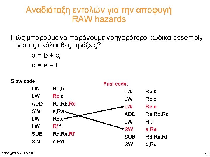 Αναδιάταξη εντολών για την αποφυγή RAW hazards Πώς μπορούμε να παράγουμε γρηγορότερο κώδικα assembly