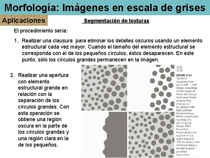 Morfología: Imágenes en escala de grises Aplicaciones Segmentación de texturas El procedimiento sería: 1.