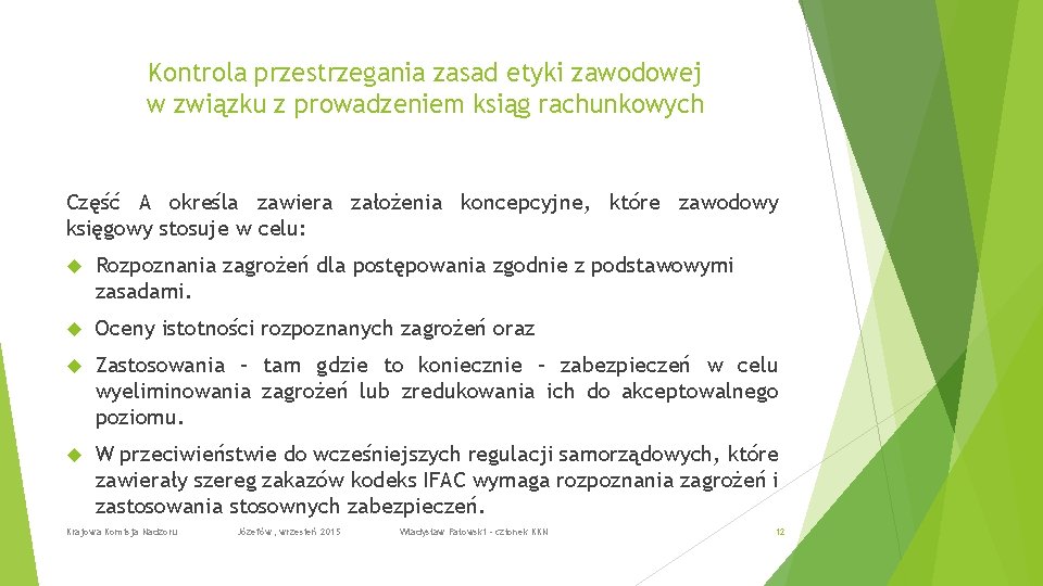 Kontrola przestrzegania zasad etyki zawodowej w związku z prowadzeniem ksiąg rachunkowych Część A określa