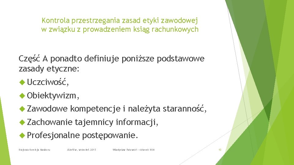 Kontrola przestrzegania zasad etyki zawodowej w związku z prowadzeniem ksiąg rachunkowych Część A ponadto