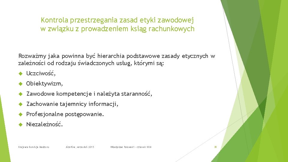 Kontrola przestrzegania zasad etyki zawodowej w związku z prowadzeniem ksiąg rachunkowych Rozważmy jaka powinna