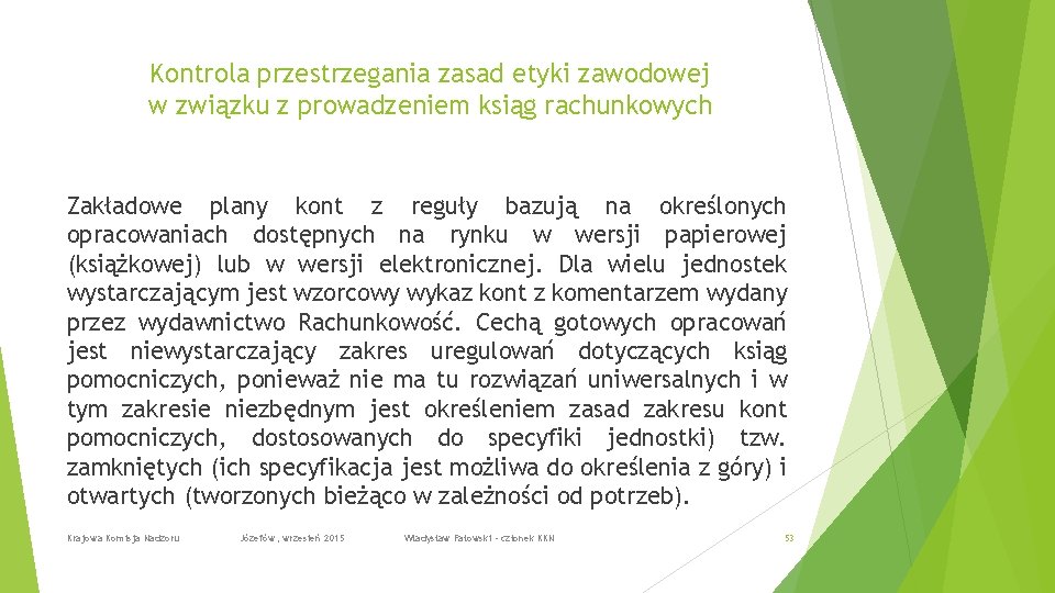 Kontrola przestrzegania zasad etyki zawodowej w związku z prowadzeniem ksiąg rachunkowych Zakładowe plany kont