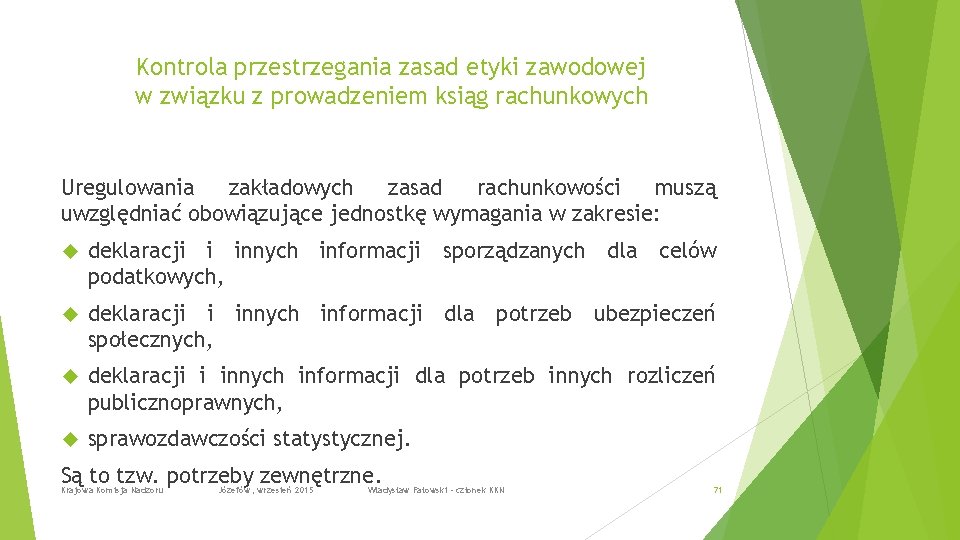 Kontrola przestrzegania zasad etyki zawodowej w związku z prowadzeniem ksiąg rachunkowych Uregulowania zakładowych zasad