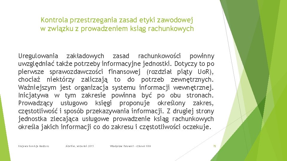 Kontrola przestrzegania zasad etyki zawodowej w związku z prowadzeniem ksiąg rachunkowych Uregulowania zakładowych zasad