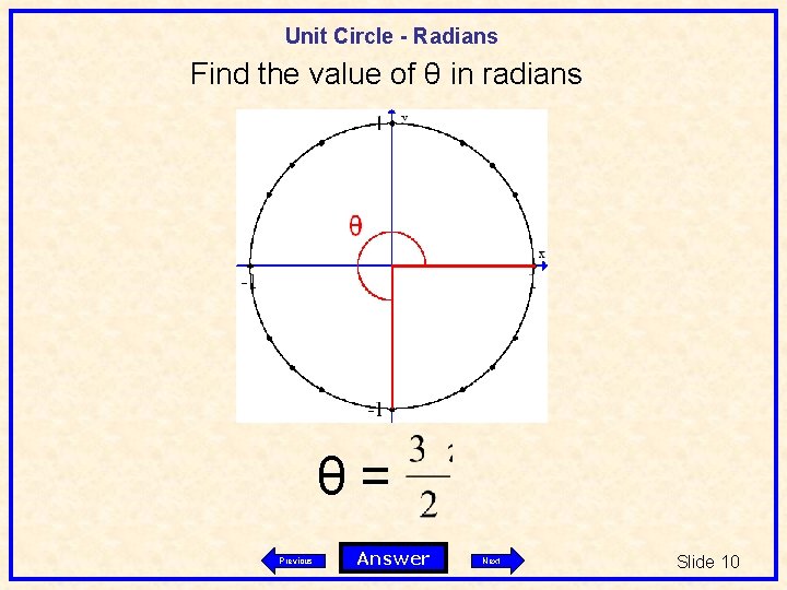 Unit Circle - Radians Find the value of θ in radians θ= Previous Answer