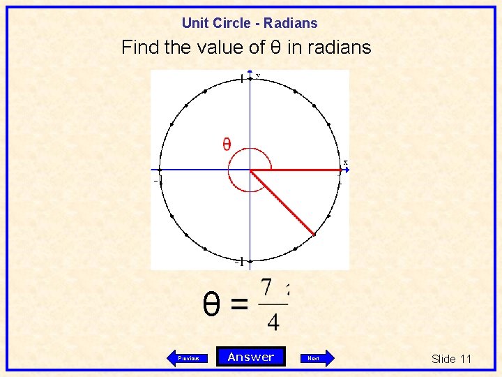 Unit Circle - Radians Find the value of θ in radians θ= Previous Answer