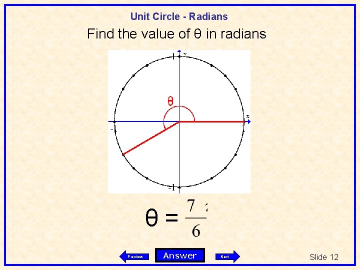 Unit Circle - Radians Find the value of θ in radians θ= Previous Answer