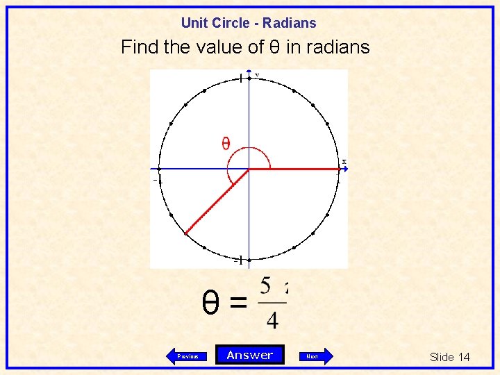 Unit Circle - Radians Find the value of θ in radians θ= Previous Answer