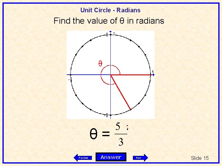 Unit Circle - Radians Find the value of θ in radians θ= Previous Answer