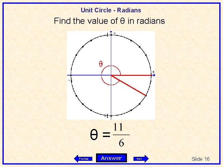 Unit Circle - Radians Find the value of θ in radians θ= Previous Answer