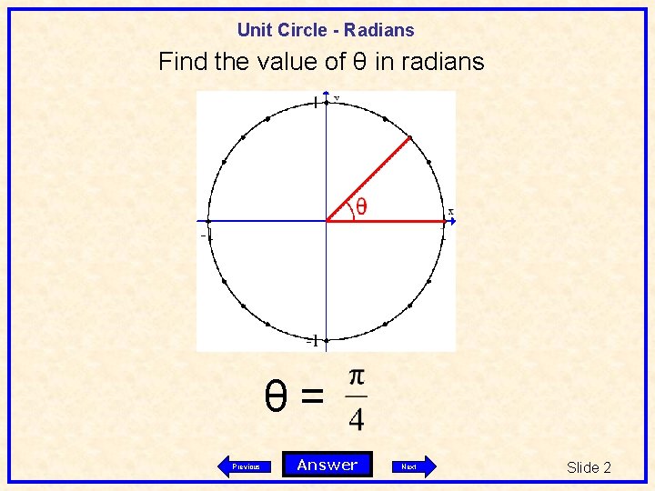 Unit Circle - Radians Find the value of θ in radians θ= Previous Answer