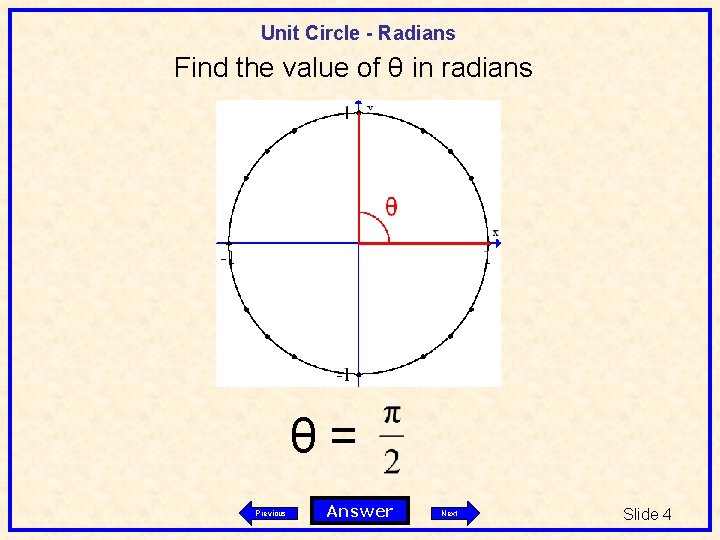 Unit Circle - Radians Find the value of θ in radians θ= Previous Answer