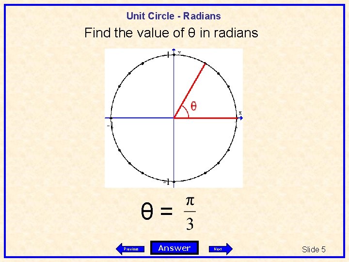 Unit Circle - Radians Find the value of θ in radians θ= Previous Answer