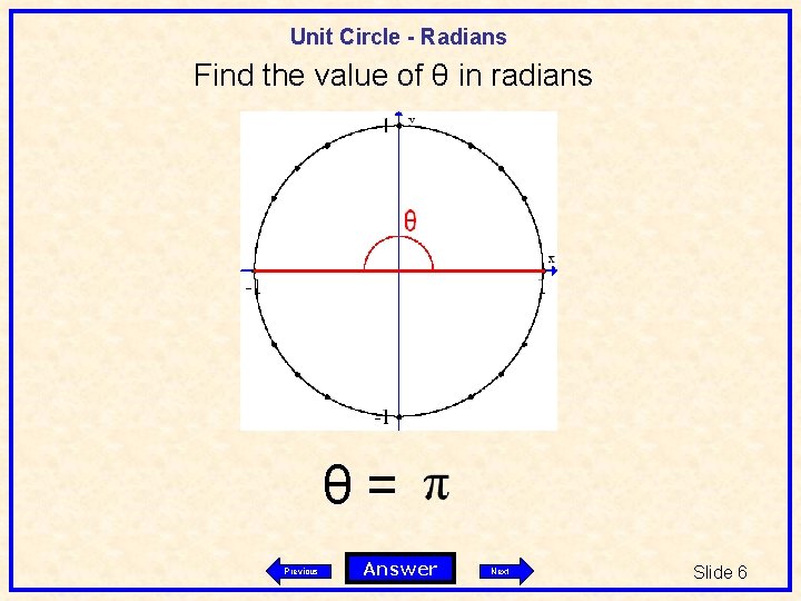 Unit Circle - Radians Find the value of θ in radians θ= Previous Answer