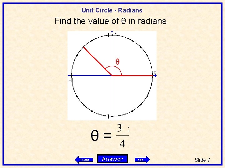 Unit Circle - Radians Find the value of θ in radians θ= Previous Answer