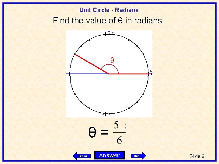 Unit Circle - Radians Find the value of θ in radians θ= Previous Answer