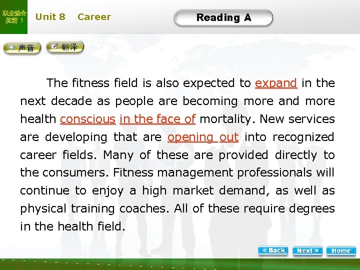 职业综合 英语 1 Unit 8 Career Reading A Text A-4 The fitness field is
