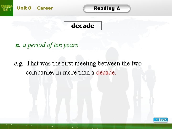 职业综合 英语 1 Unit 8 Reading A Career decade n. a period of ten