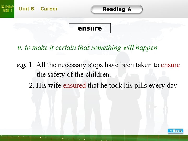 职业综合 英语 1 Unit 8 Reading A Career ensure v. to make it certain