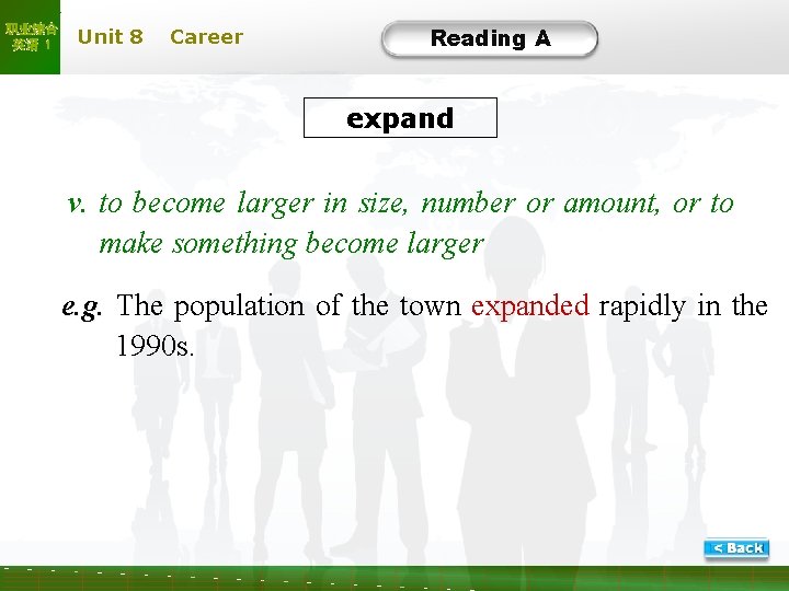 职业综合 英语 1 Unit 8 Career Reading A expand v. to become larger in