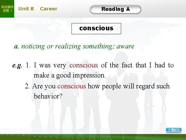 职业综合 英语 1 Unit 8 Career Reading A conscious a. noticing or realizing something;