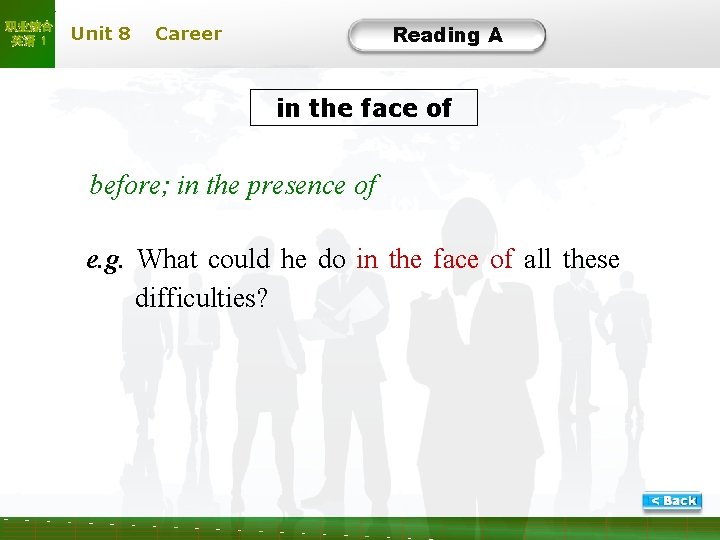 职业综合 英语 1 Unit 8 Reading A Career in the face of before; in