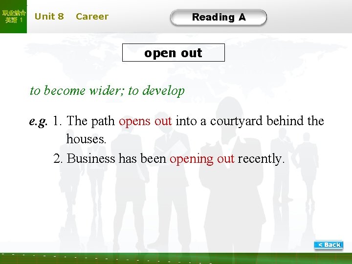 职业综合 英语 1 Unit 8 Reading A Career open out to become wider; to