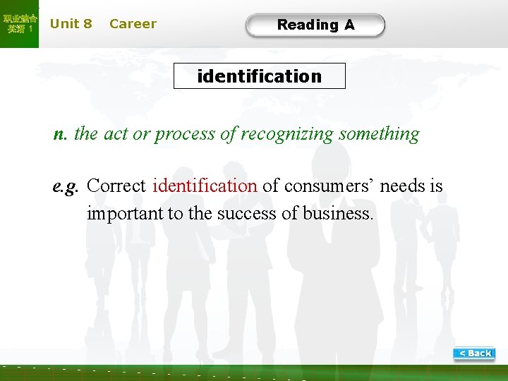 职业综合 英语 1 Unit 8 Career Reading A identification n. the act or process