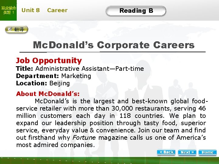 职业综合 英语 1 Unit 8 Career Text Reading B B-1 Mc. Donald’s Corporate Careers