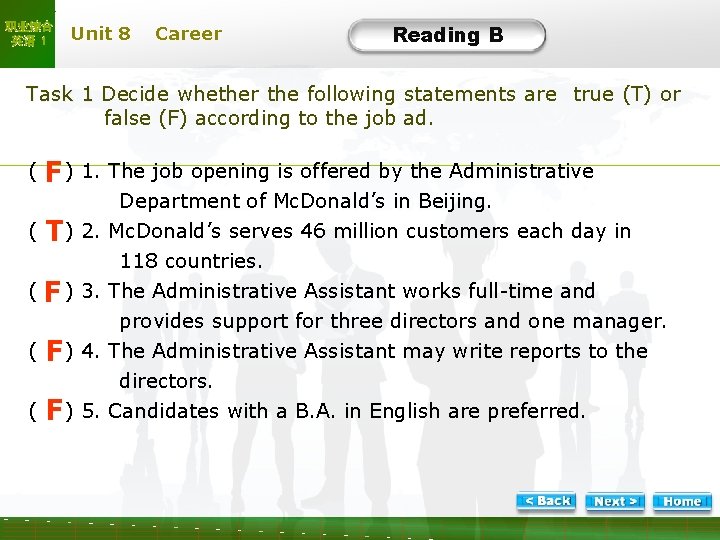 职业综合 英语 1 Unit 8 Career Reading B B-Task 1 Decide whether the following