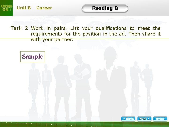 职业综合 英语 1 Unit 8 Career Reading B B-Task 2 -1 Task 2 Work