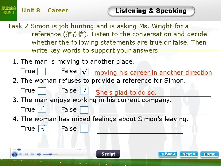 职业综合 英语 1 Unit 8 Listening & Speaking Career L-Task 2 Simon is job