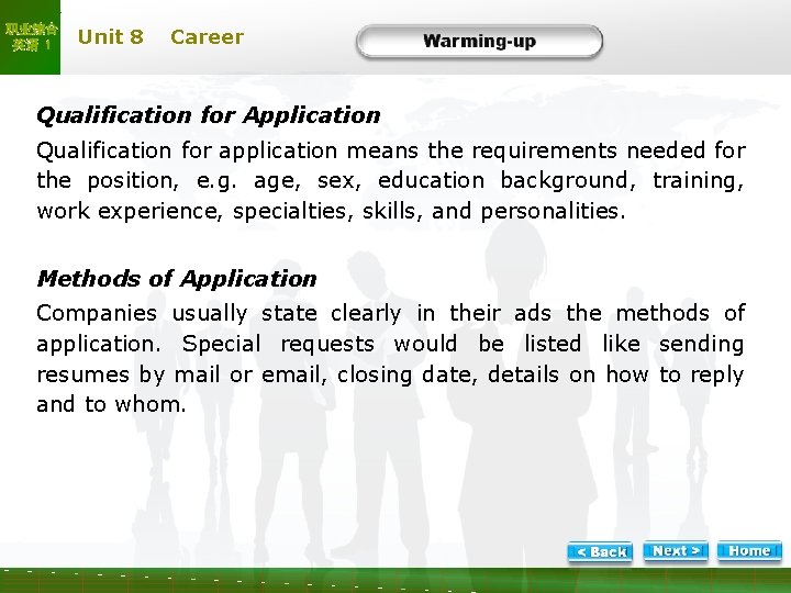 职业综合 英语 1 Unit 8 Career Warm-recruitment ad Qualification for Application Qualification for application