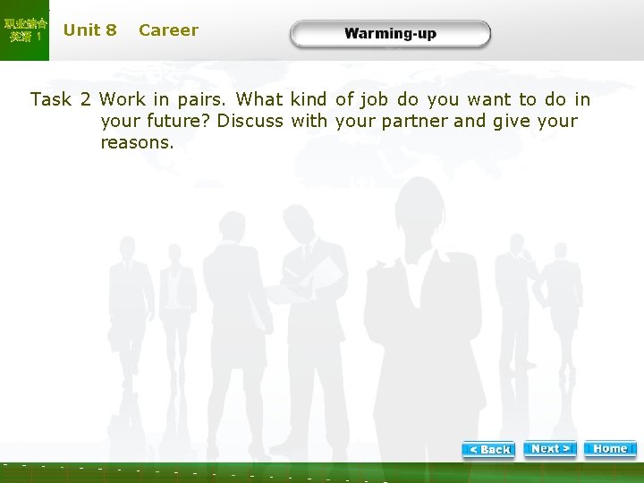 职业综合 英语 1 Unit 8 Career War m-2 Task 2 Work in pairs. What