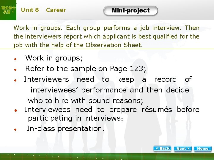 职业综合 英语 1 Unit 8 Career Mini-project Work in groups. Each group performs a