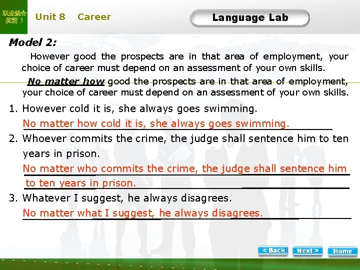 职业综合 英语 1 Unit 8 Career Language Lab LL-Task 4 -2 Model 2: However
