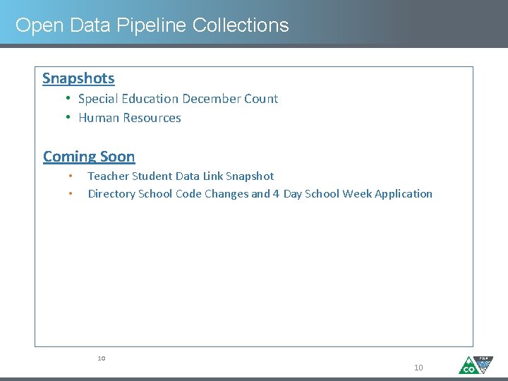 Open Data Pipeline Collections Snapshots • Special Education December Count • Human Resources Coming
