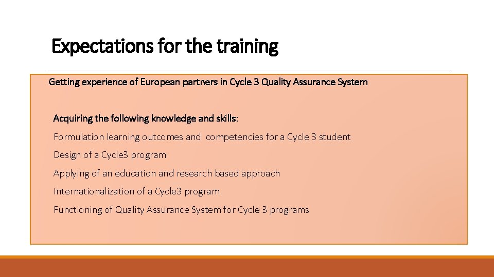 Expectations for the training Getting experience of European partners in Cycle 3 Quality Assurance