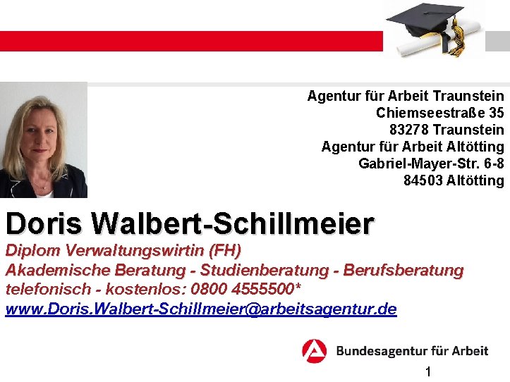 Agentur für Arbeit Traunstein Chiemseestraße 35 83278 Traunstein Agentur für Arbeit Altötting Gabriel-Mayer-Str. 6