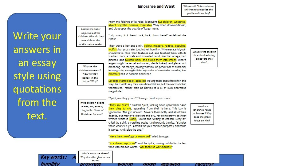 Write your answers in an essay style using quotations from the text. Key words: